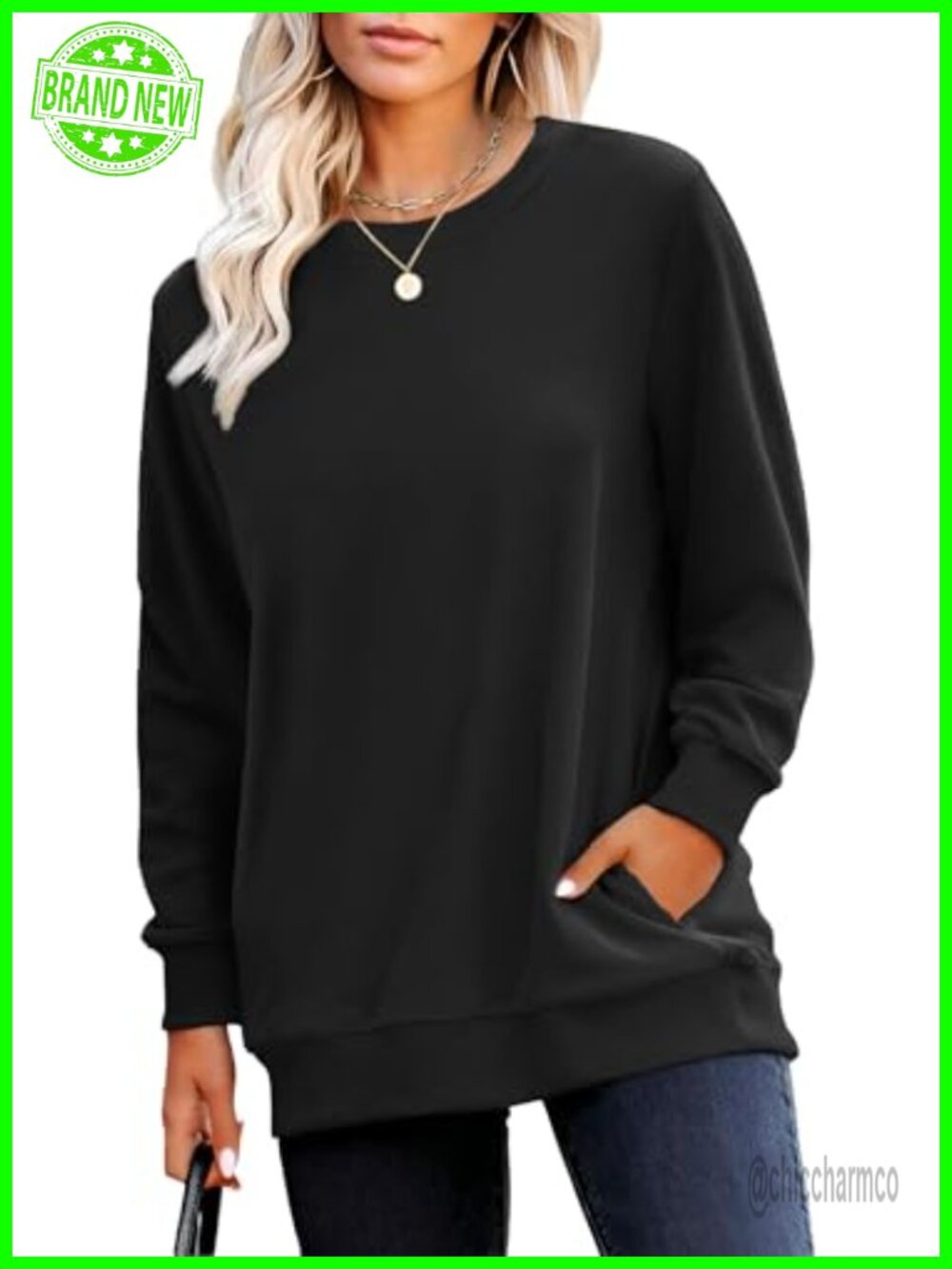 Crewneck Sweatshirt Womens Long Sleeve Tunic Top with Pockets Polyester Spandex
